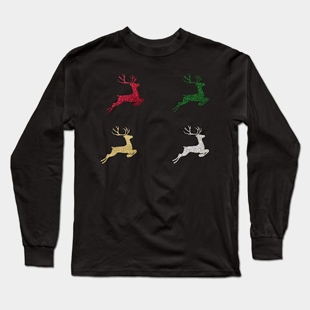 Red Green Gold Silver Faux Glitter Christmas Reindeer Pack Long Sleeve T-Shirt by Felicity-K